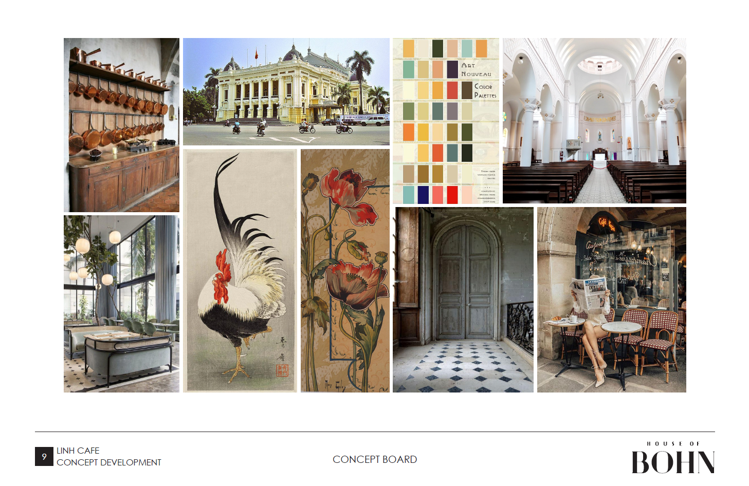 Concept board for a restaurant with Vietnamese and French aesthetic.