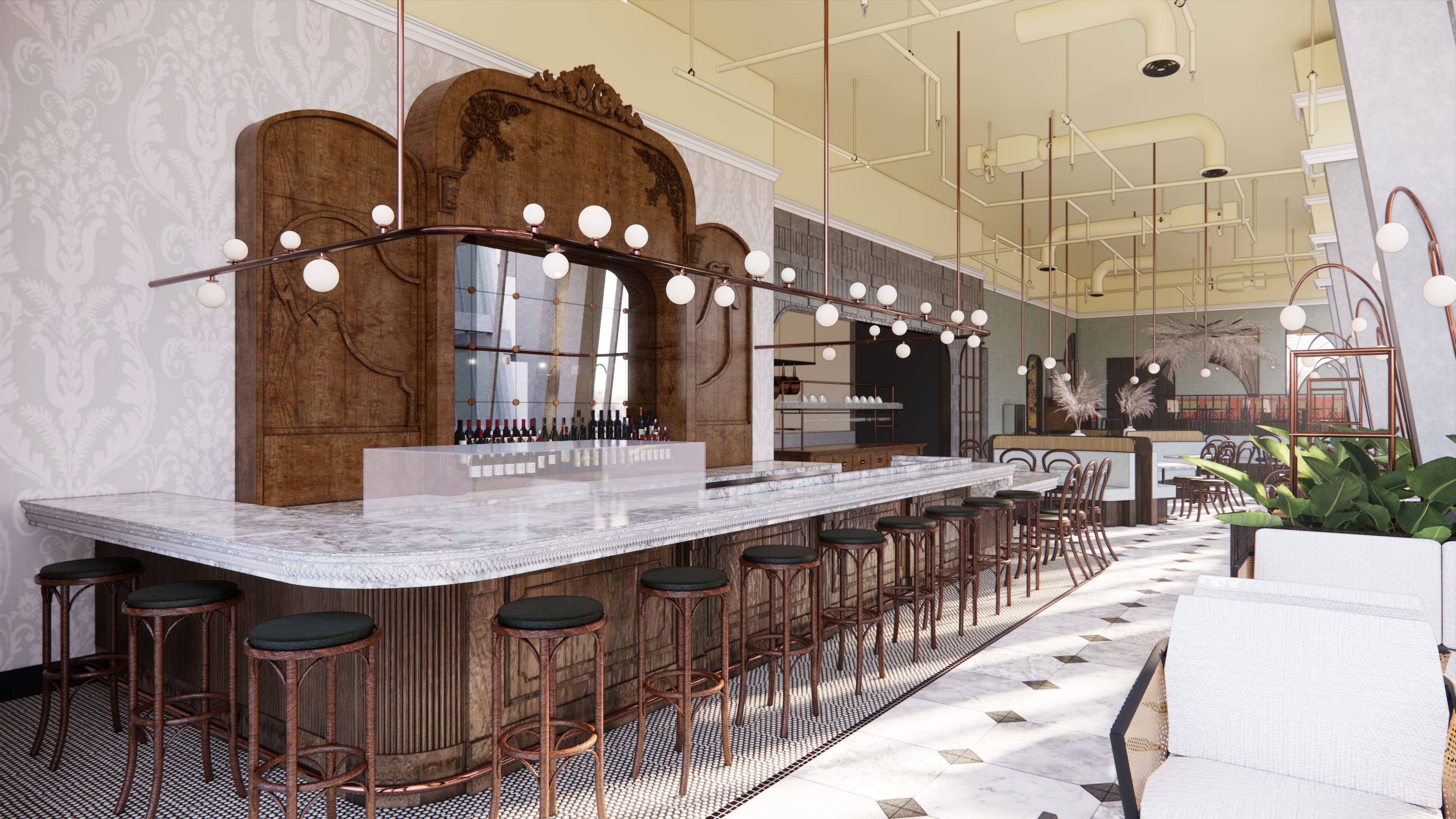 Bar and restaurant render with French elements and custom light fixture