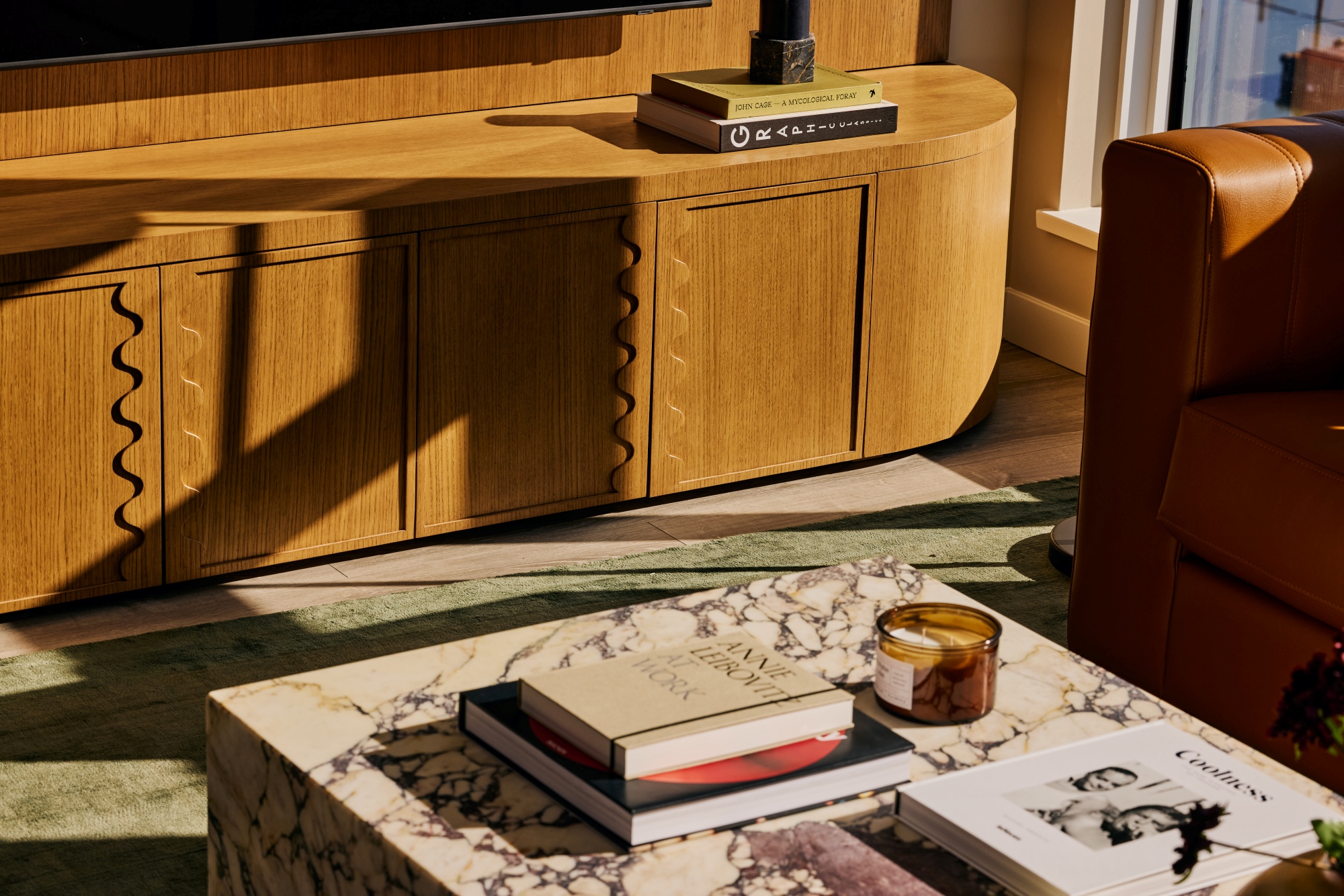 Detail photo of millwork details on a media unit in Pier West by Bosa.